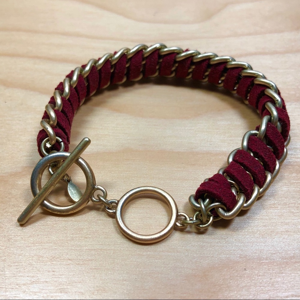 Premier Designs Red Suede Woven Bracelet Gold Link